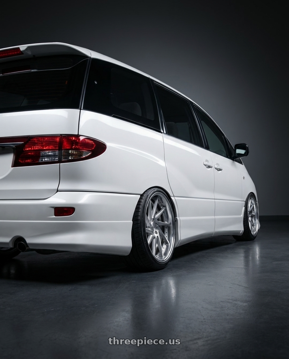 2000 toyota estima acr30w with Work Gnosis Cvs 5x114.3 19x8+38 O Disk Brush Silver Clear wheels rear three quarter view slight stretch tires