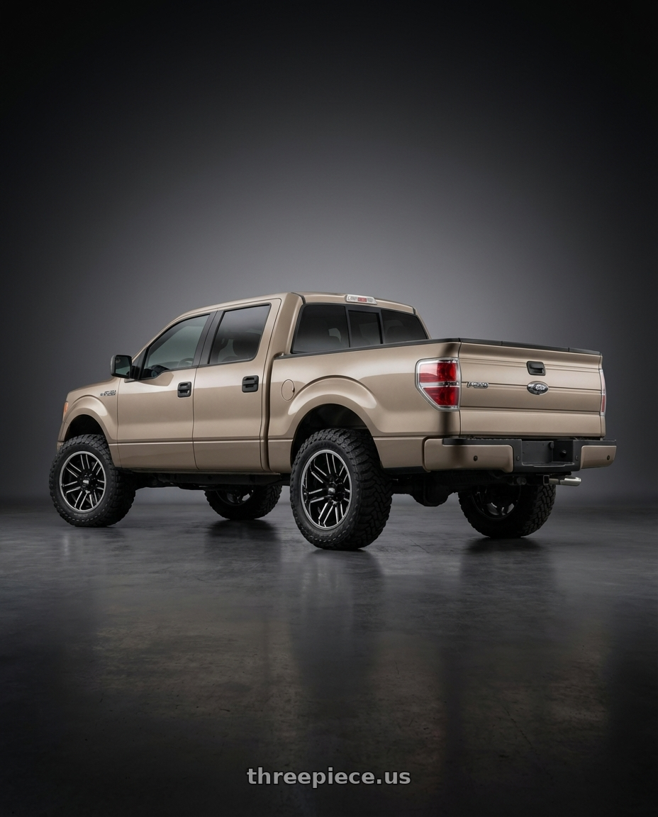 2013 Ford F-150 with Moto Metal MO202 6X135 20X10 -18 GLOSS BLACK MACHINED CENTER CHROME LIP wheels rear three quarter view meaty tires