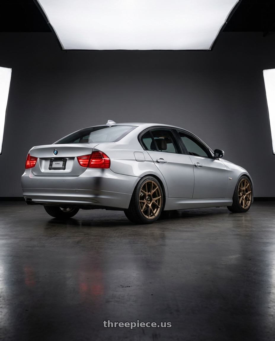 2012 BMW 3 Series E92 with Konig Ampliform 5x120 18x9.5+35 Gloss Bronze wheels rear three quarter view square tires