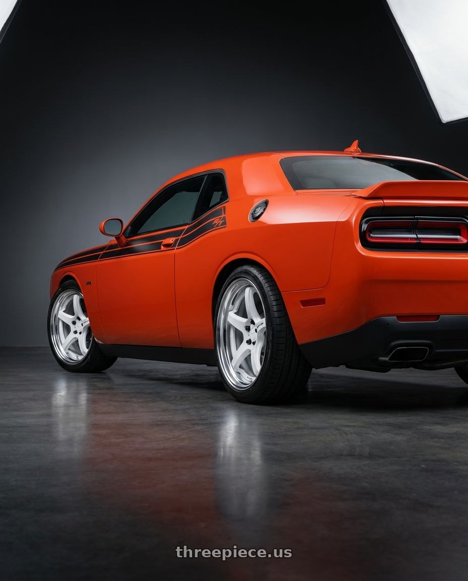 2021 Dodge Challenger RT with Work T5R 2P 5x115 20x9.0 +18 WHITE wheels rear three quarter view square tires