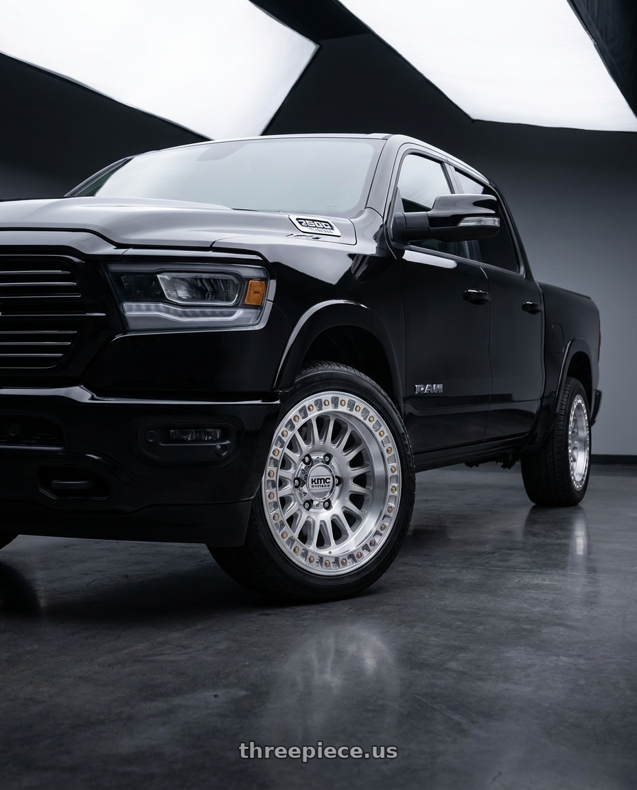 2019 Ram 1500 Laramie with KMC KM552 IMS 6X139.7 18x9 +0 GLOSS SILVER W/ MACHINED FACE wheels