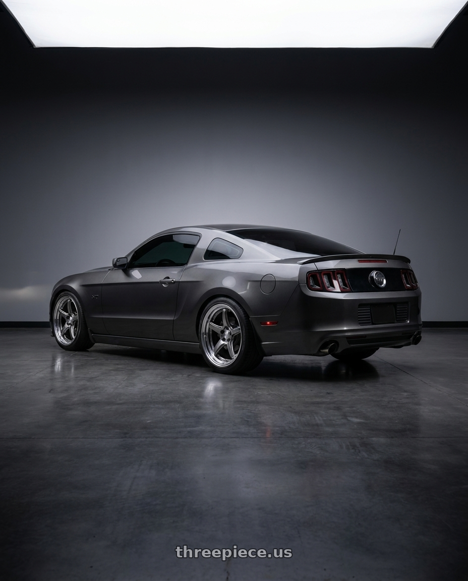 2014 Ford Mustang GT with Work T5R 2P 5x114.3 19x9.5 +38 GT SILVER wheels rear three quarter view square tires
