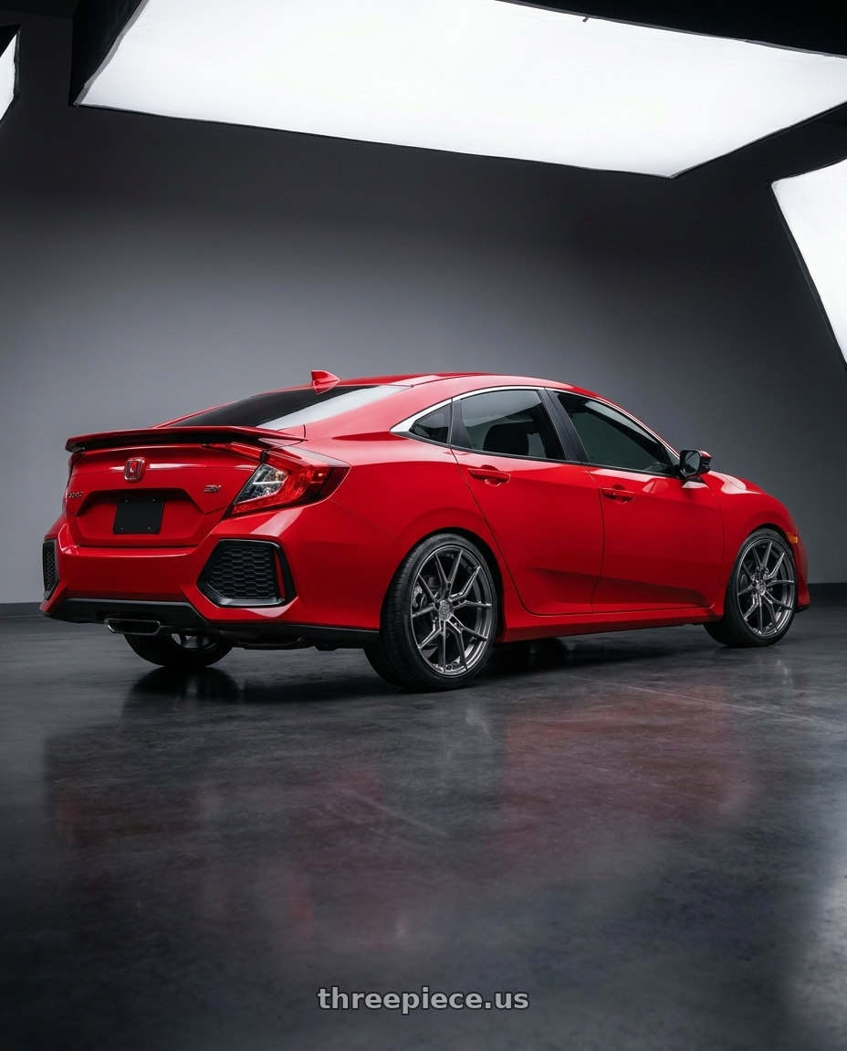 2020 Honda Civic Si with E5 Wheels Daytona 5x120.65 19x10+30 TIU wheels rear three quarter view square tires