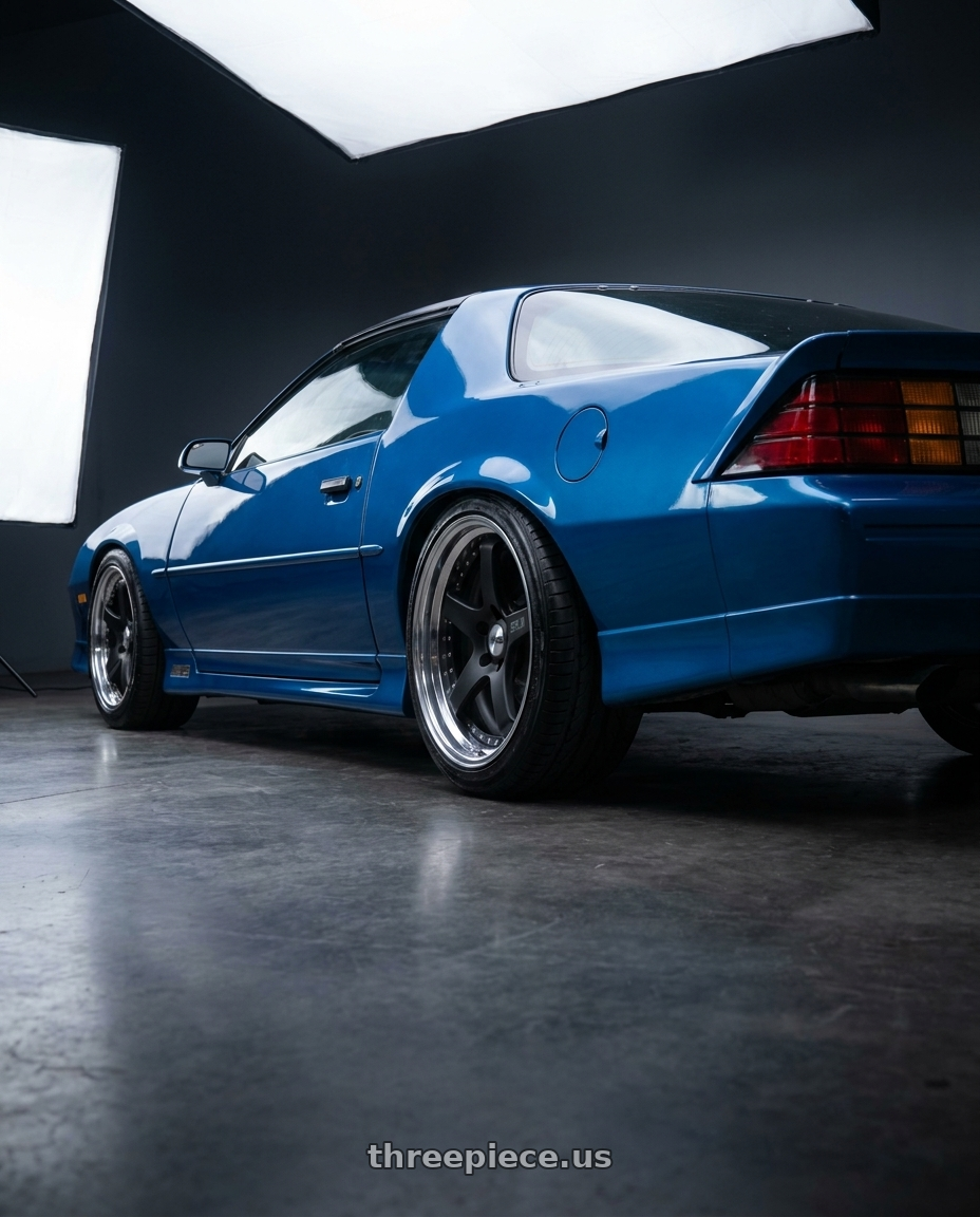 1992 Chevy Camaro with SSR Professor SP4 4X100 18X10.5 22 MD Disk Flat Black wheels rear three quarter view slight stretch tires