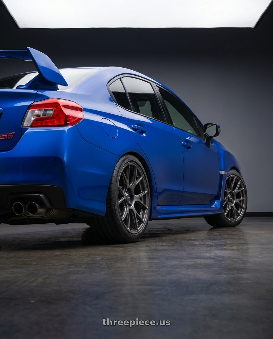 2018 Subaru WRX STI with Konig Ampliform 5x114.3 18x9.5+25 Dark Metallic Graphite wheels rear three quarter view square tires