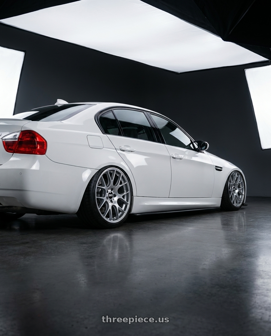 2009 E90 m3 with BBS CH-R 5x120 18x9 +44 Brilliant Silver Polished Rim Protector wheels rear three quarter view slight stretch tires