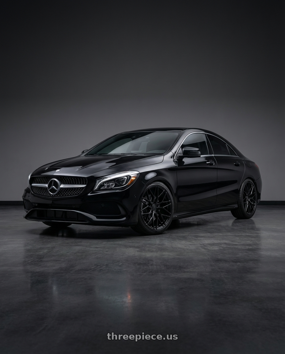 2018 Mercedes-Benz CLA C117 with Avant Garde Wheels M520R 5X112 19x9.5 +40 Gloss Black wheels front three quarter view lowered stance