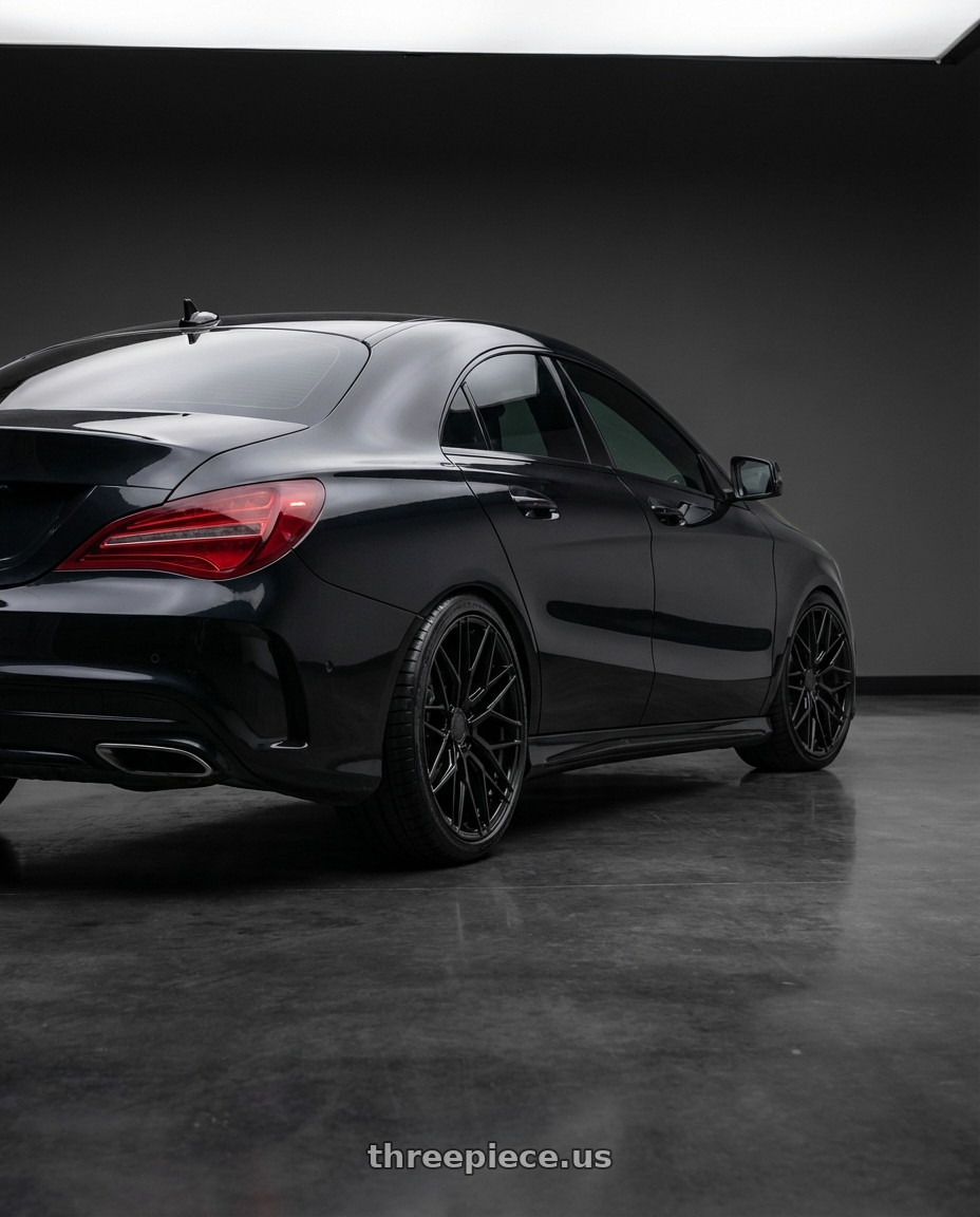 2018 Mercedes-Benz CLA C117 with Avant Garde Wheels M520R 5X112 19x9.5 +40 Gloss Black wheels rear three quarter view square tires