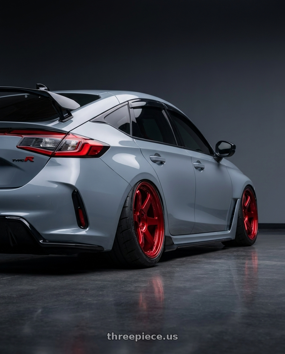 2024 type r  with Volk Racing TE37SL 5x120 18x9.5 +38 RED wheels rear three quarter view meaty tires