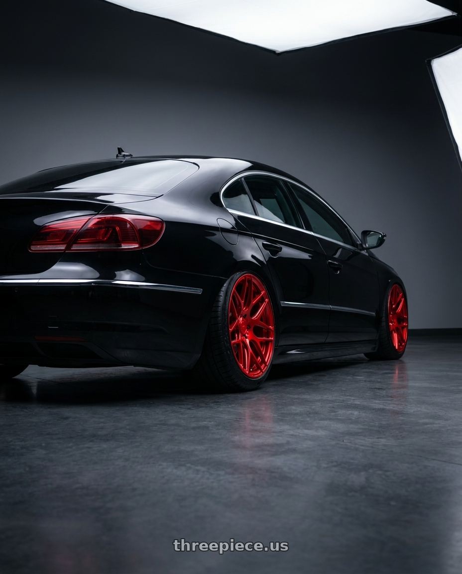 2013 VW CC R Line with MRR FS1 5x112 20x8.5  +35 Candy Red wheels rear three quarter view meaty tires