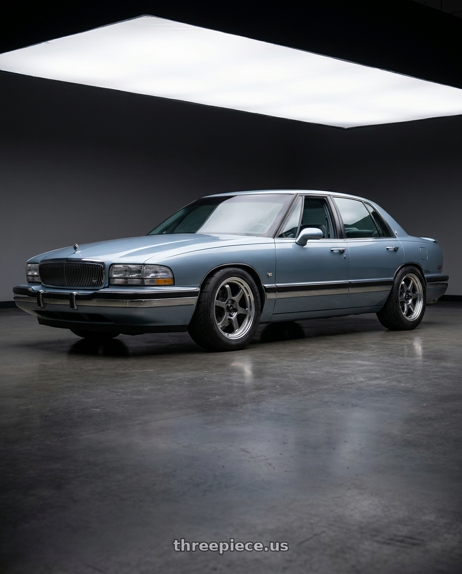 1992 Buick Park Avenue with Vors LT61 5x115 17x7.5 +35 Hyper Black wheels front three quarter view slammed stance