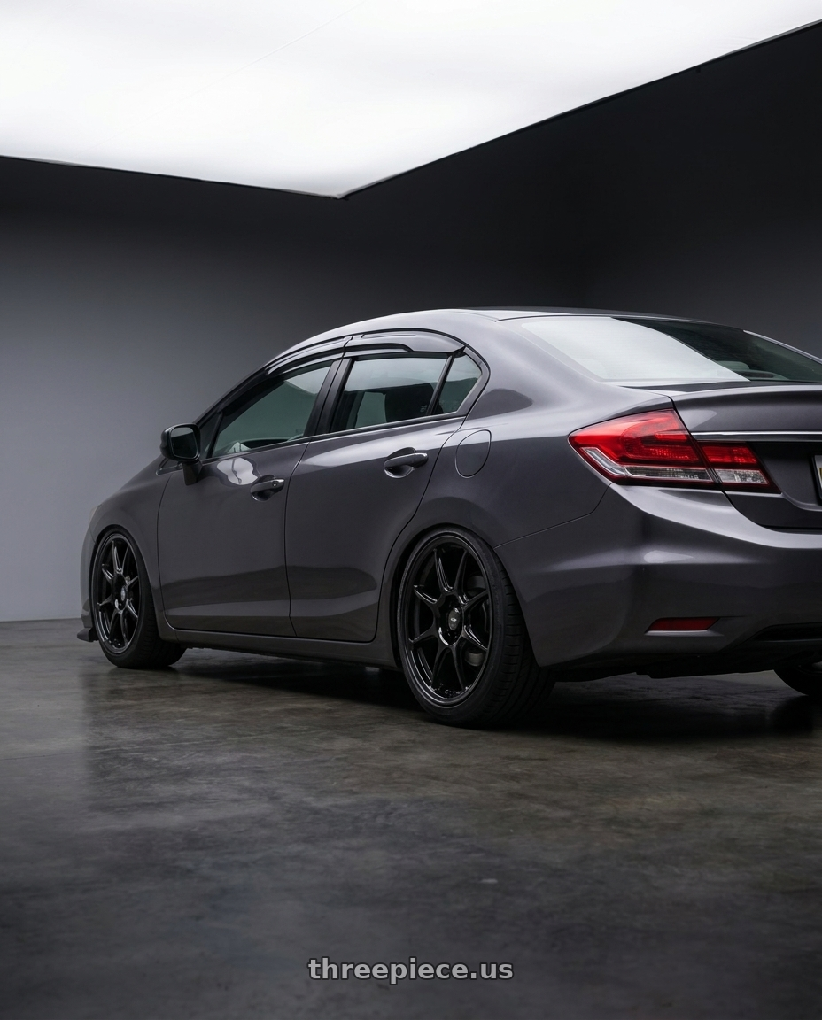 2015 honda civic lx with Konig Lockout 5x114.3 18x8.5+45 Gloss Black wheels rear three quarter view square tires