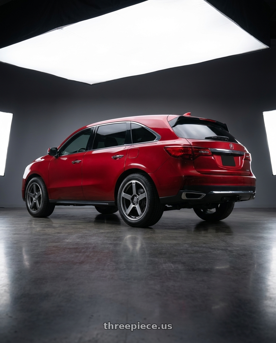 2018 Acura MDX with Motegi MR116 FS5 5X105/5X114.3 18X8 +45 DARK SILVER MACHINED FLANGE wheels rear three quarter view meaty tires