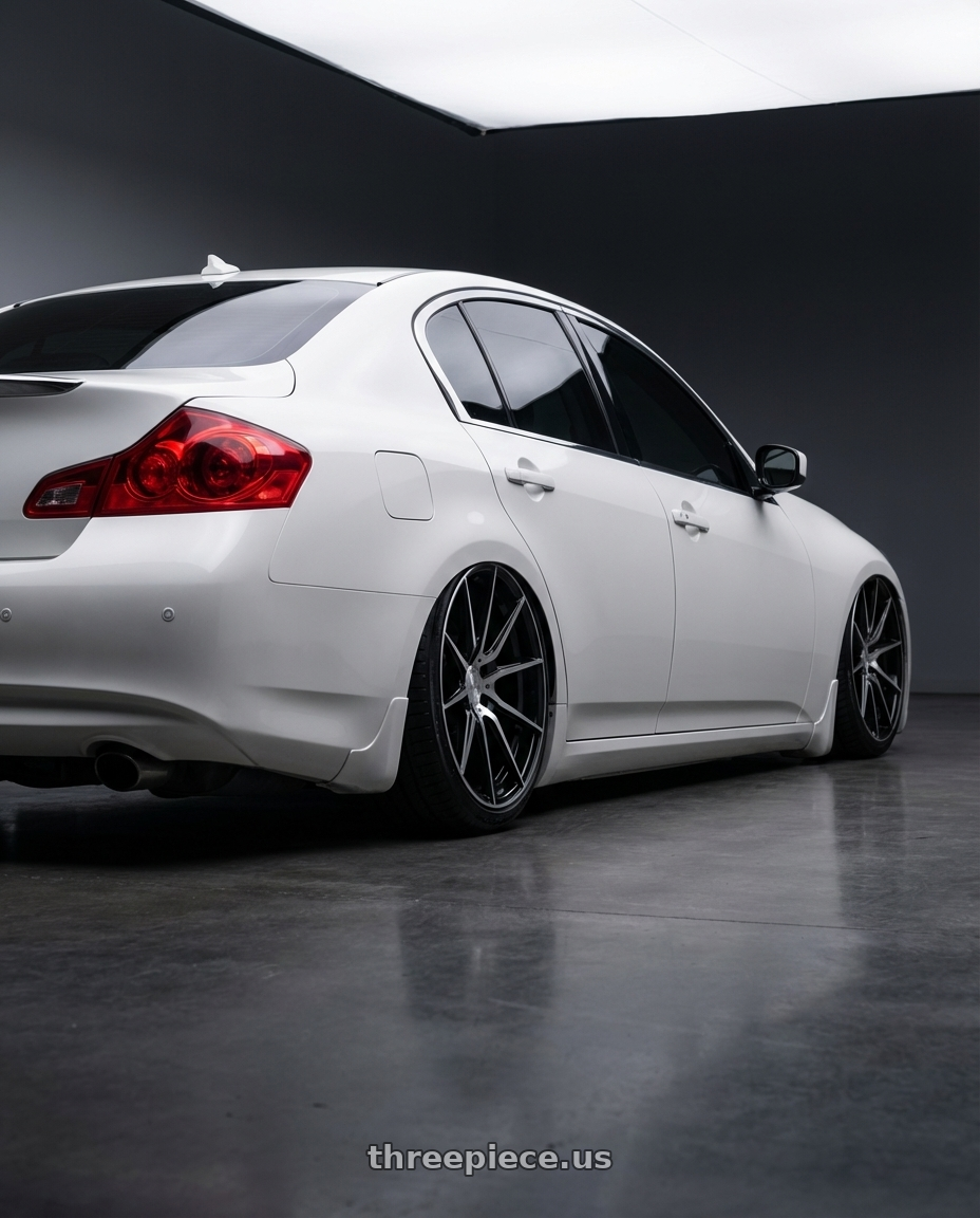 2012 Infiniti G37 with Avant Garde Wheels M652 5X114.3 19x9.5 +40 Black Machine wheels rear three quarter view slight stretch tires