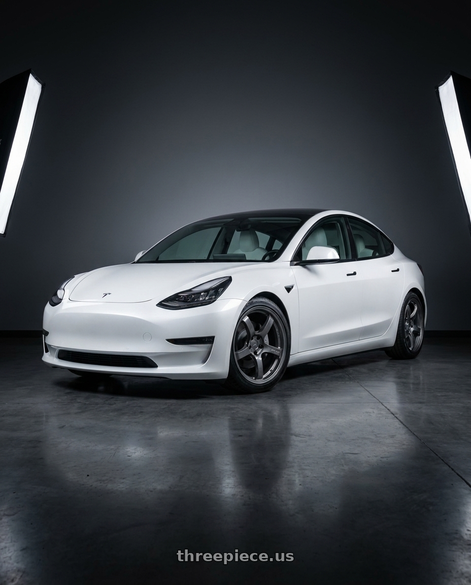 2021 tesla model 3 sr+ white with Gram Lights 57CR 5x114.3 19x9.5 +35 GLOSSY GRAY wheels