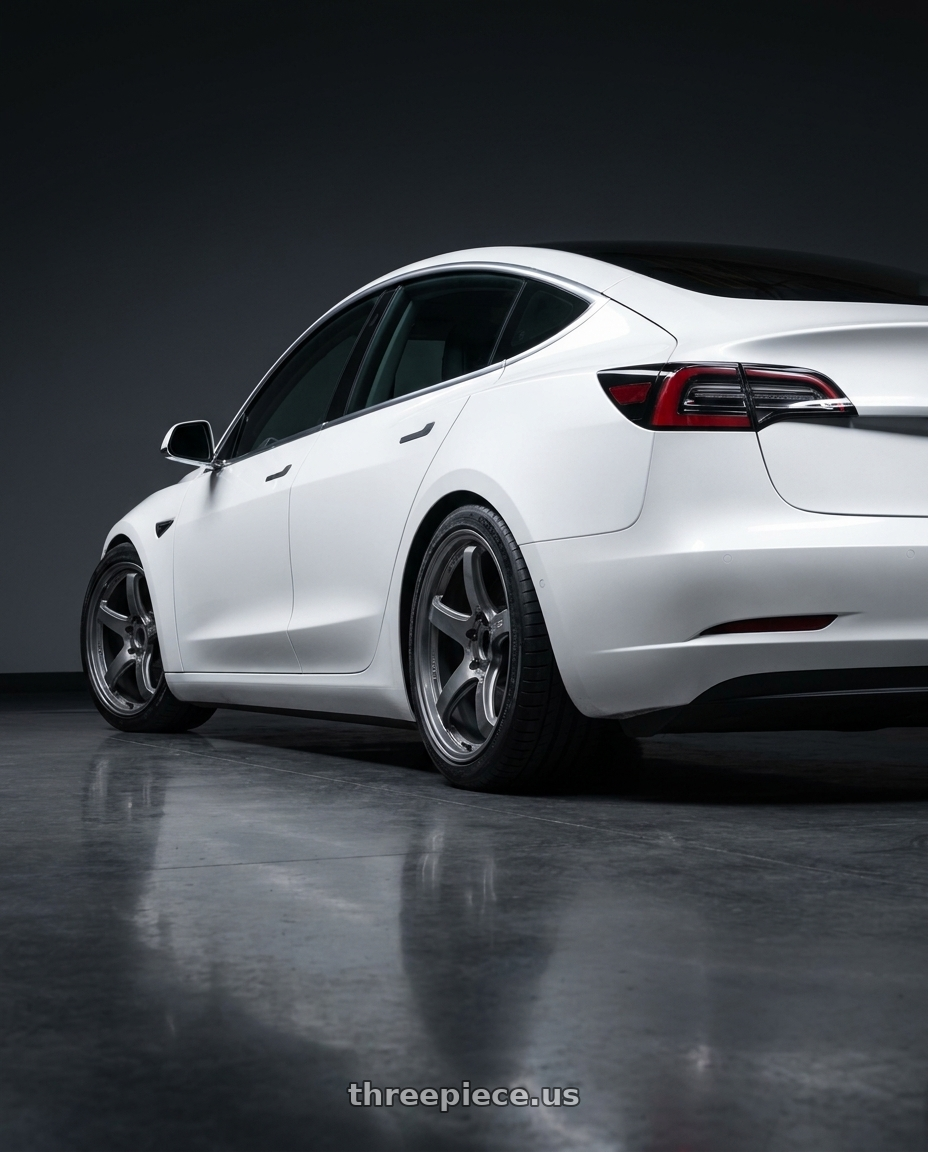 2021 tesla model 3 sr+ white with Gram Lights 57CR 5x114.3 19x9.5 +35 GLOSSY GRAY wheels rear three quarter view square tires