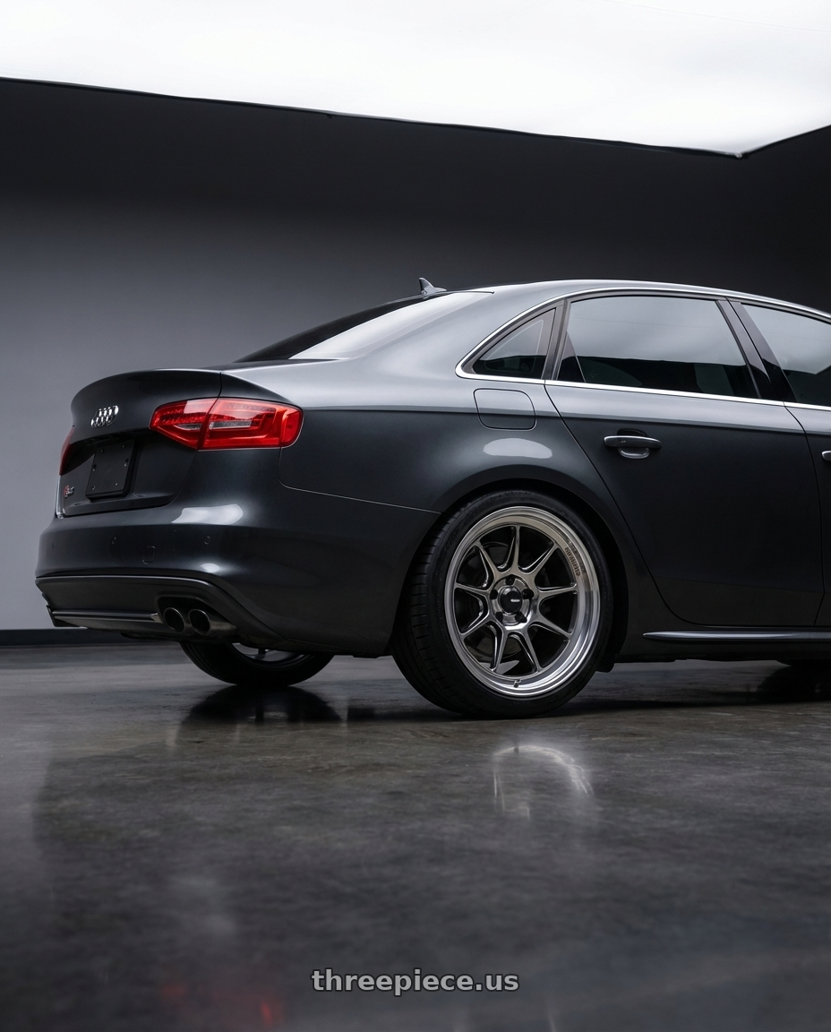 2015 Audi S4 B8.5 with Konig Countergram 5x112 19x8.5+43 Hyper Chrome / Machined Lip wheels rear three quarter view square tires