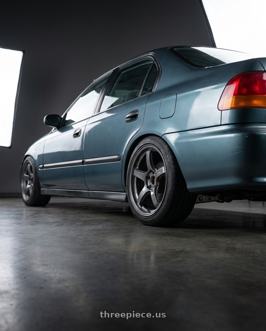1998 honda civic with Gram Lights 57CR 4x100 15x8+35 Glossy Gray wheels rear three quarter view square tires
