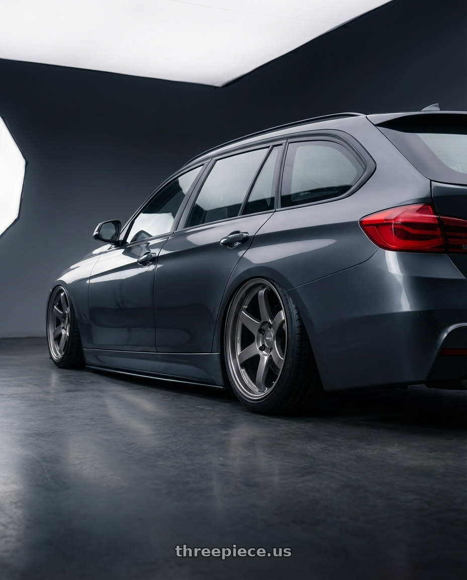 2016 BMW 3 Series F30 with Kansei K11G Tandem 5X120 19x9.5 22 Gunmetal wheels rear three quarter view slight stretch tires