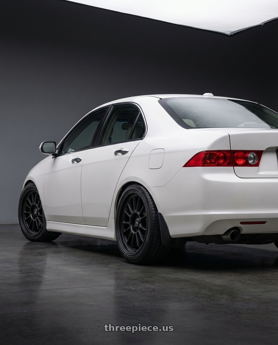 2005 Acura Tsx  with Konig Hypergram 5x114.3 17x8+45 Matte Black wheels rear three quarter view slight stretch tires