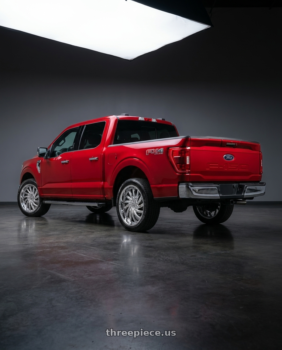 2025 ford f150 XLT supercrew with Azara AZA-508 6x135/6x139.7 22x9.5 +25 Nano Chrome wheels rear three quarter view square tires