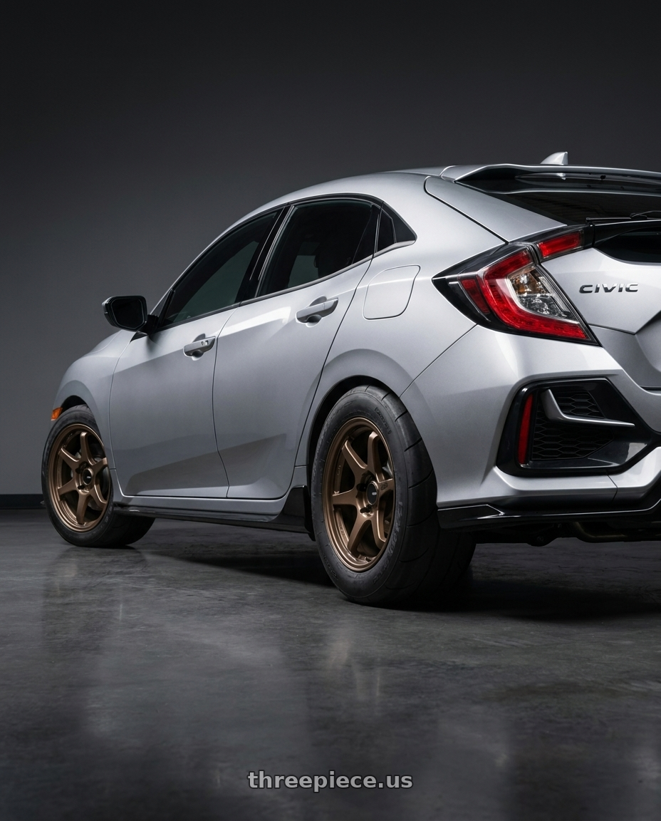 Honda Civic Hatchback Sports 2021 with Enkei TS-5 5x114.3 17x8+40 Bronze wheels rear three quarter view excessive tires