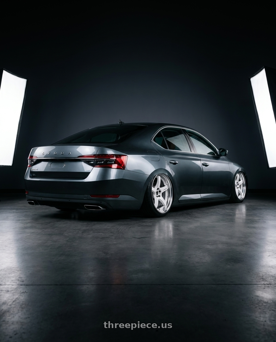 2023 Skoda superb with Work T5R 2P 5x100 18x10.0 +18 WHITE wheels rear three quarter view slight stretch tires