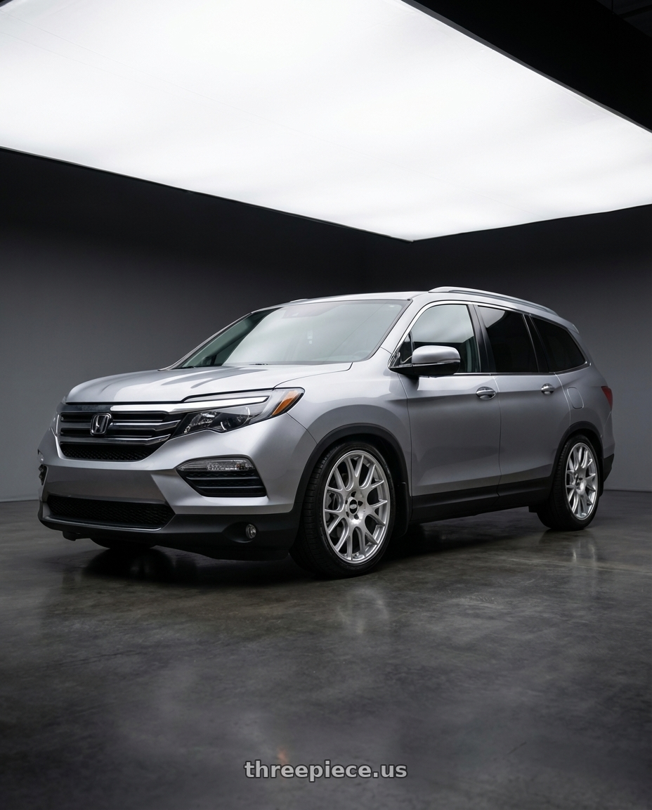 2016 Honda Pilot with BBS CH-R 5x114.3 20x8.5 +38 Brilliant Silver Polished Rim Protector wheels front three quarter view lowered stance