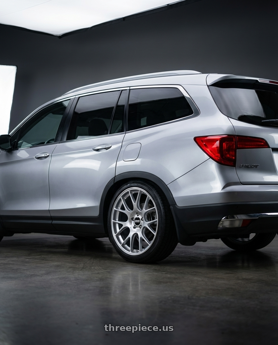 2016 Honda Pilot with BBS CH-R 5x114.3 20x8.5 +38 Brilliant Silver Polished Rim Protector wheels rear three quarter view slight stretch tires