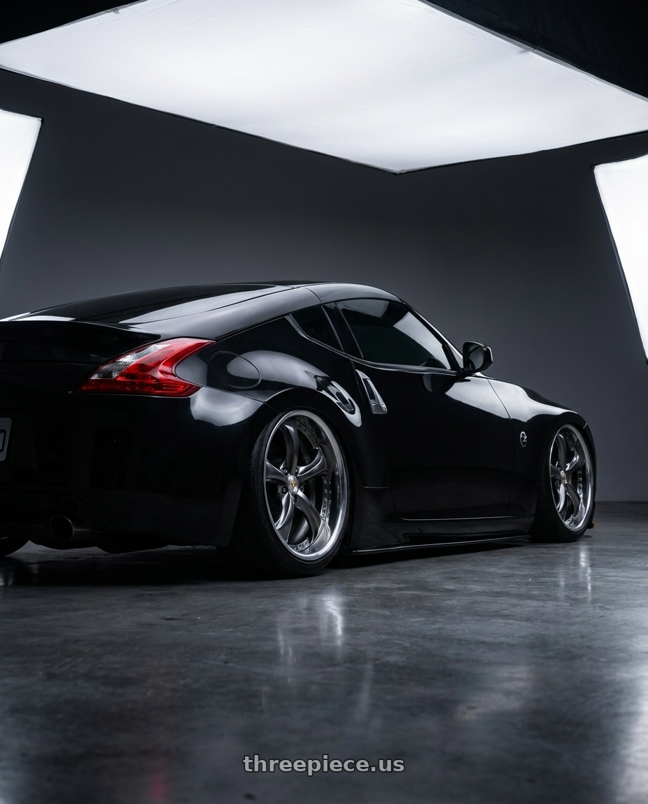 2009 nissan 370z with Work Wheels VS-KF 5X114.3 19x9.5+27 Brilliant Silver Black O Disk FULL REVERSE wheels rear three quarter view slight stretch tires