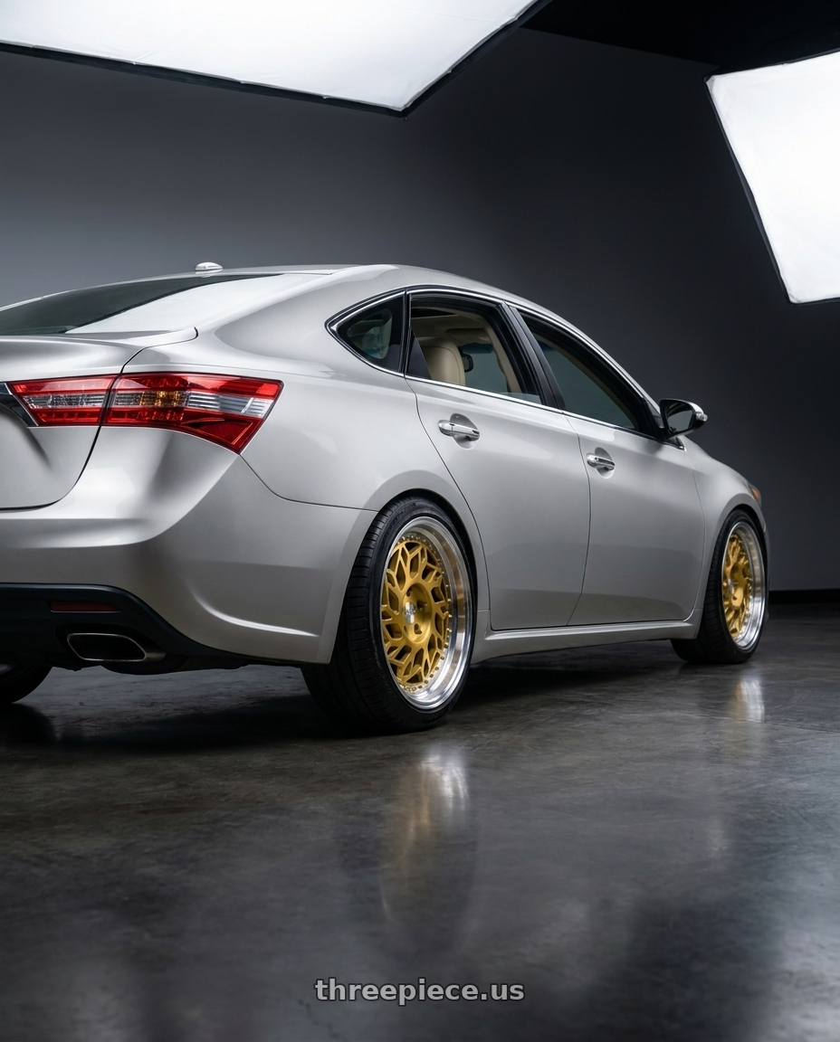 2013 toyota avalon with F1R R32 5x114.3 18x8.5 +33 Brushed Gold/Polish Lip wheels rear three quarter view slight stretch tires
