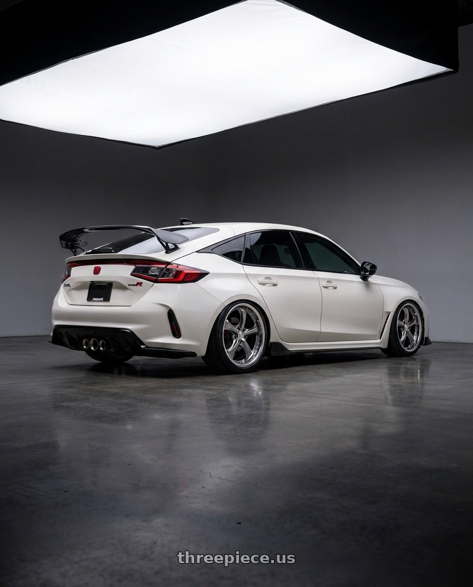 2025 Honda Civic Type r with Work Wheels VS-KF 5X114.3 19x9.5+34 Brilliant Silver Black A Disk FULL REVERSE wheels rear three quarter view slight stretch tires