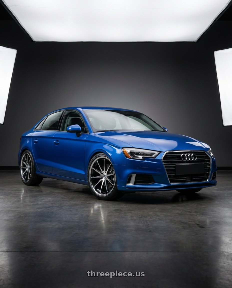 2017 Audi A3 with Rohana RFC10 5x112 19x8.5 +42 Machine Black/chrome Lip wheels front three quarter view lowered stance
