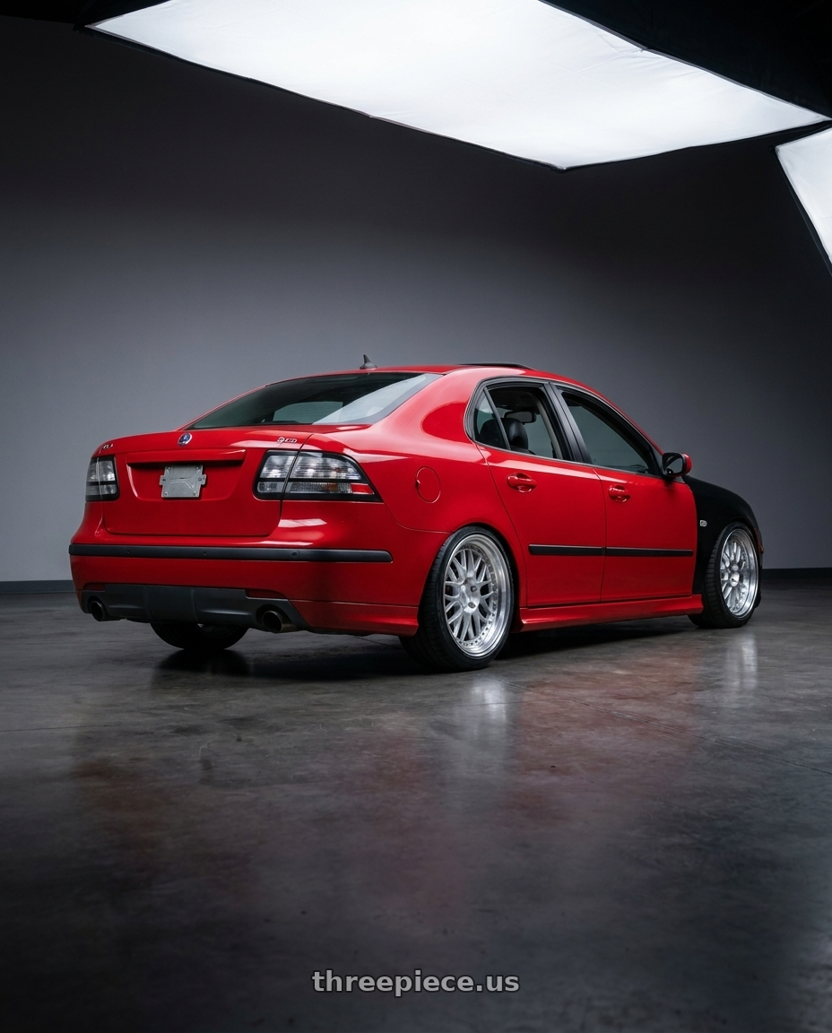 2007 Saab 9-3 aero with ESR Wheels SR SERIES SR01 5x110 18x8.5 +30 Hyper Silver wheels rear three quarter view slight stretch tires
