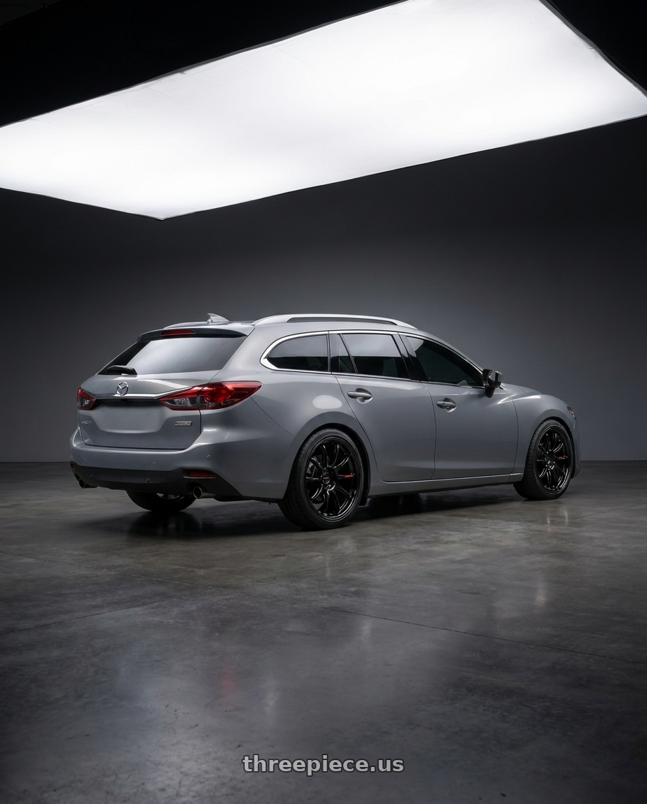 2019 Mazda 6 wagon with Work Zr10 2P 5x114.3 18x10.0 +45 Glim Black wheels rear three quarter view square tires