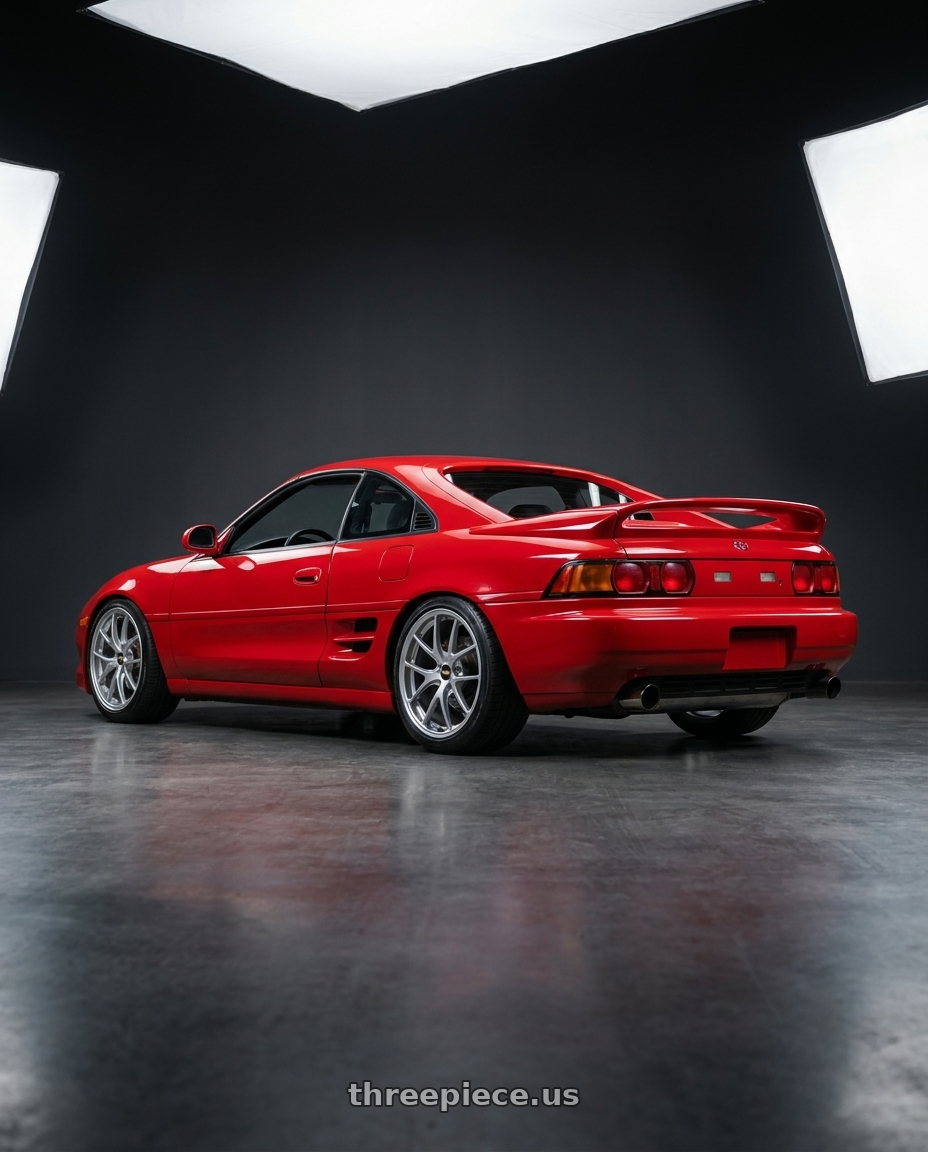 1993 Toyota mr2 red with BBS RI-A 5x120 18x9.5+23 Diamond Silver wheels rear three quarter view slight stretch tires