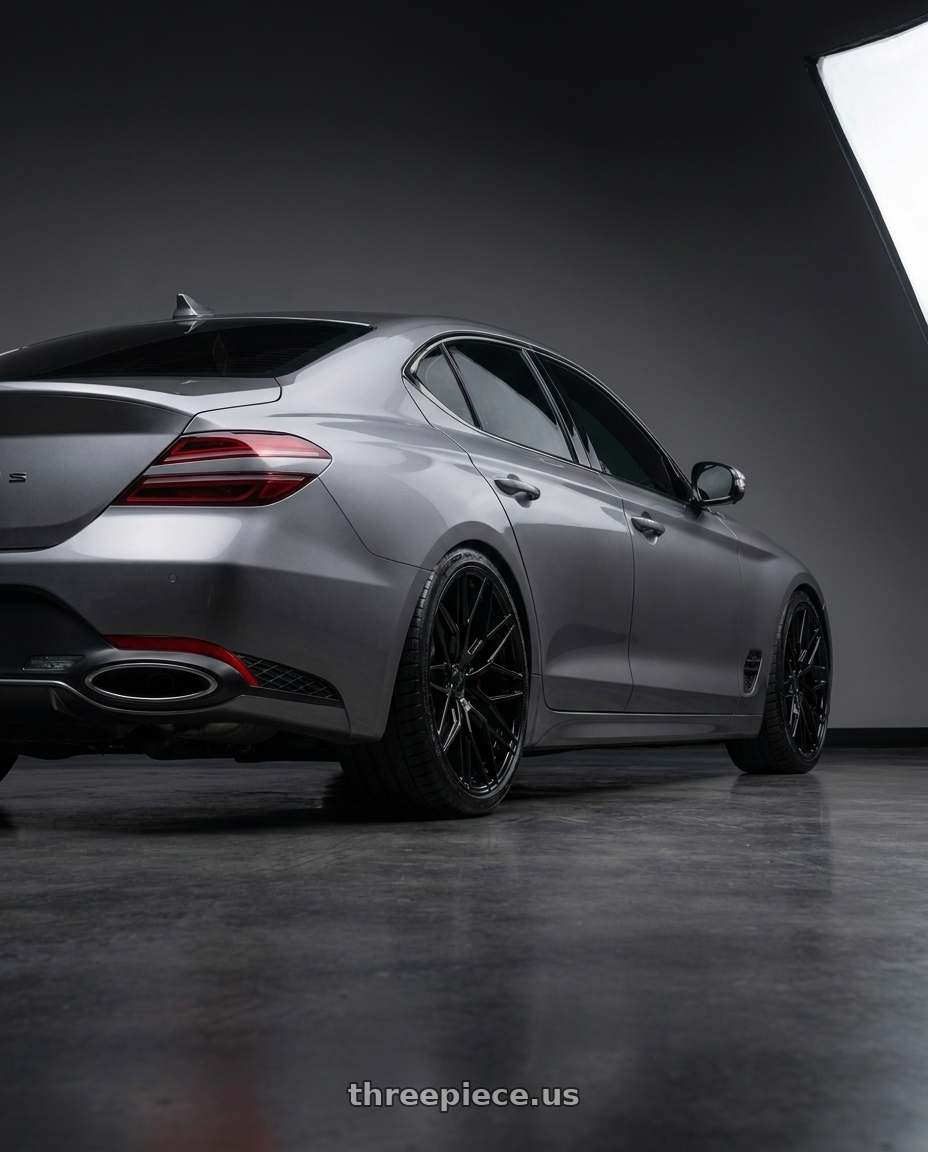 2023 genesis g70 with Avant Garde Wheels M520R 5X114.3 20x10.5 +45 Gloss Black wheels rear three quarter view slight stretch tires