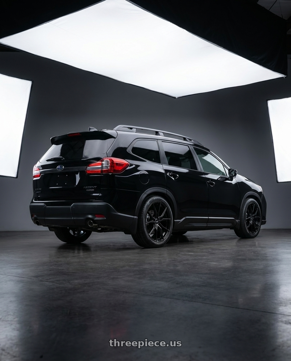 2025 Subaru Ascent Black with Advanti Racing 80B Hybris 5x114.3 20x8.5 +40 Gloss Black wheels rear three quarter view square tires