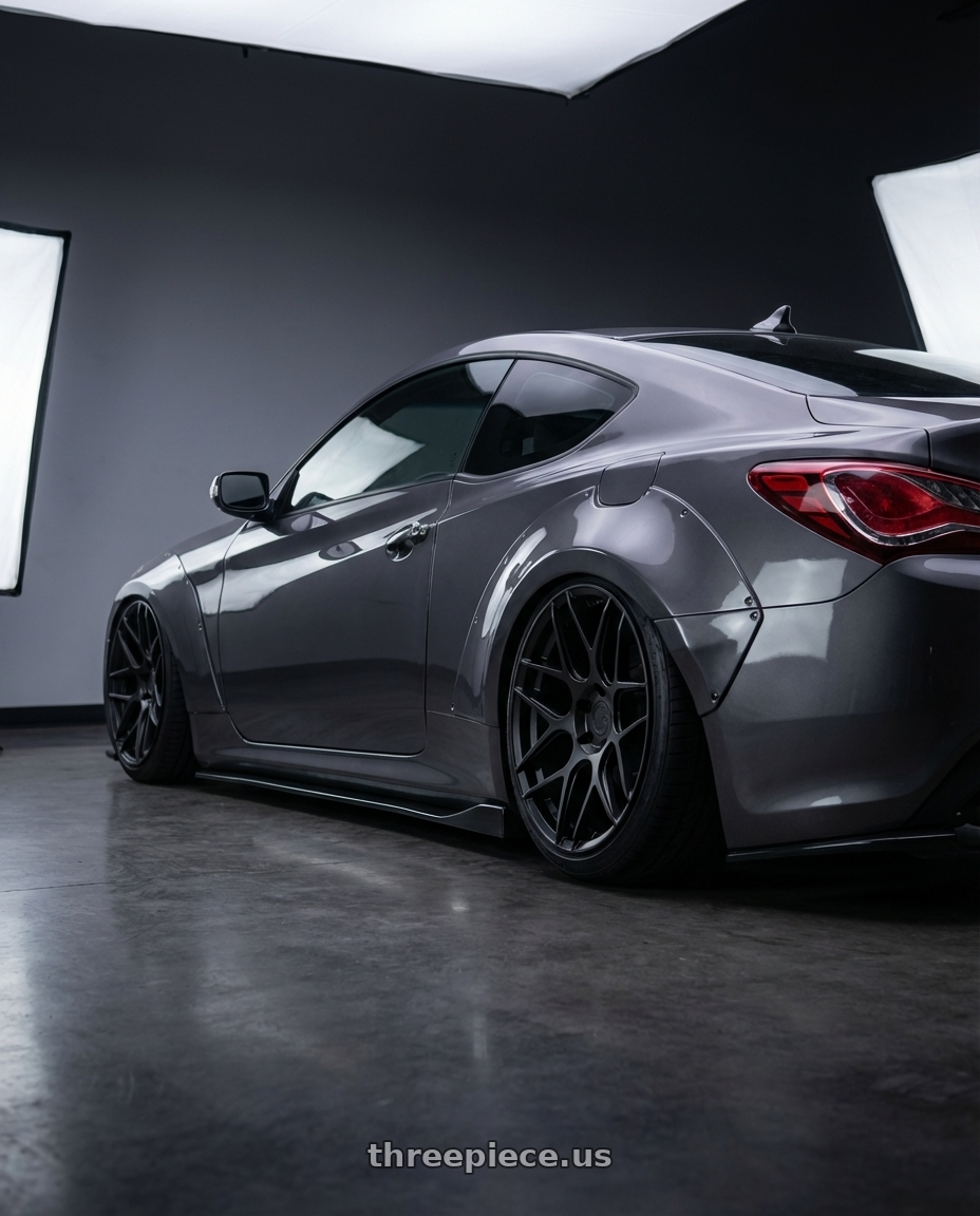 2014 Hyundai Genesis Coupe with Aodhan AFF2 5x114.3 19x8.5+35 Matte Black wheels rear three quarter view slight stretch tires