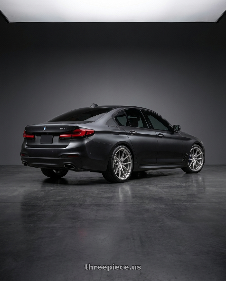 2021 bmw 540 with Rohana RFX2 5x112 19x9.5+40 Brushed Titanium wheels rear three quarter view square tires