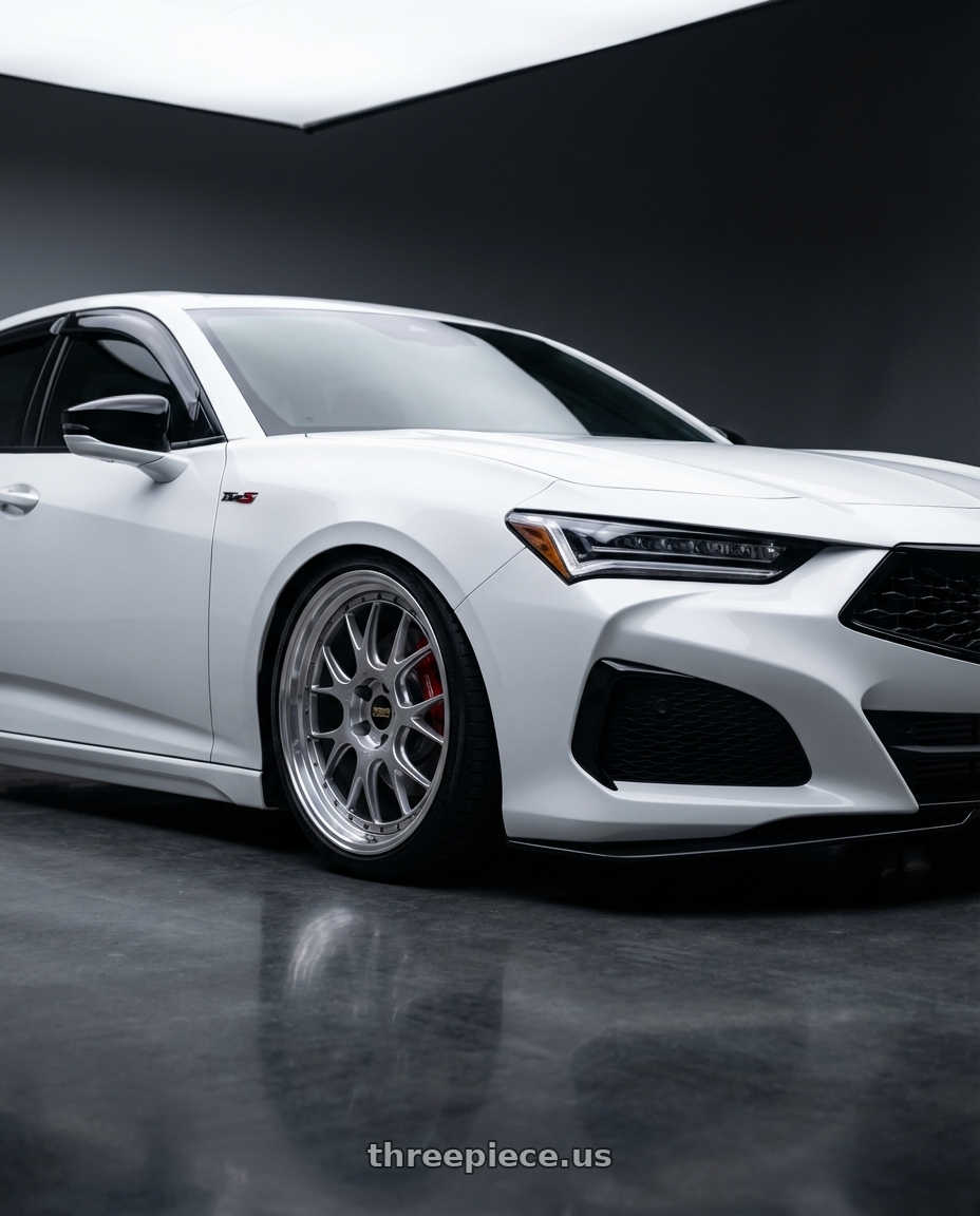 2023 acura tlx type s with BBS LM-R 5x120 19x8.5+28 Diamond Silver wheels front three quarter view slammed stance
