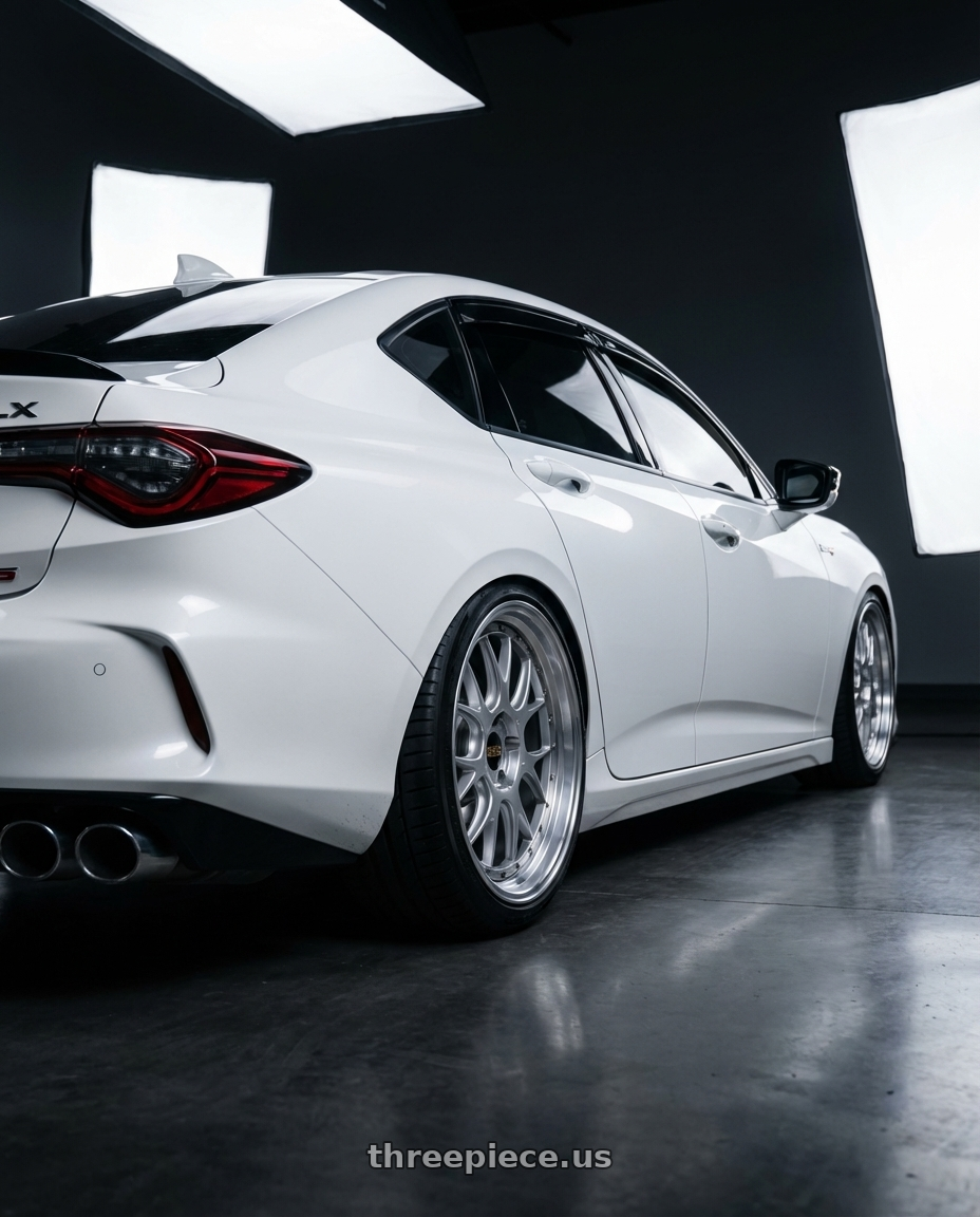 2023 acura tlx type s with BBS LM-R 5x120 19x8.5+28 Diamond Silver wheels rear three quarter view slight stretch tires