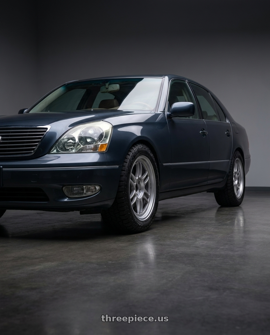 2001 Lexus LS430 with Enkei RPF1 5x114.3 18x8.5+30 Silver wheels front three quarter view lowered stance