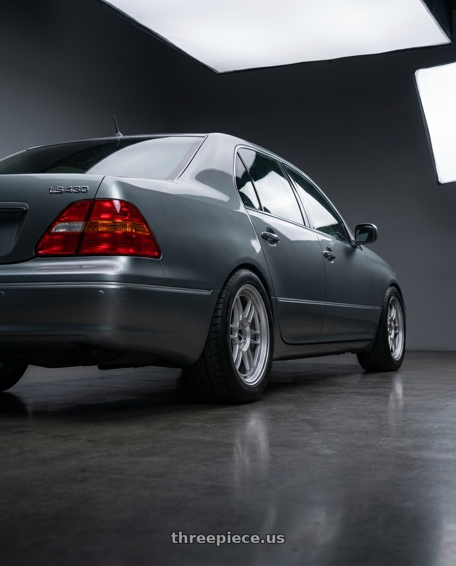 2001 Lexus LS430 with Enkei RPF1 5x114.3 18x8.5+30 Silver wheels rear three quarter view meaty tires