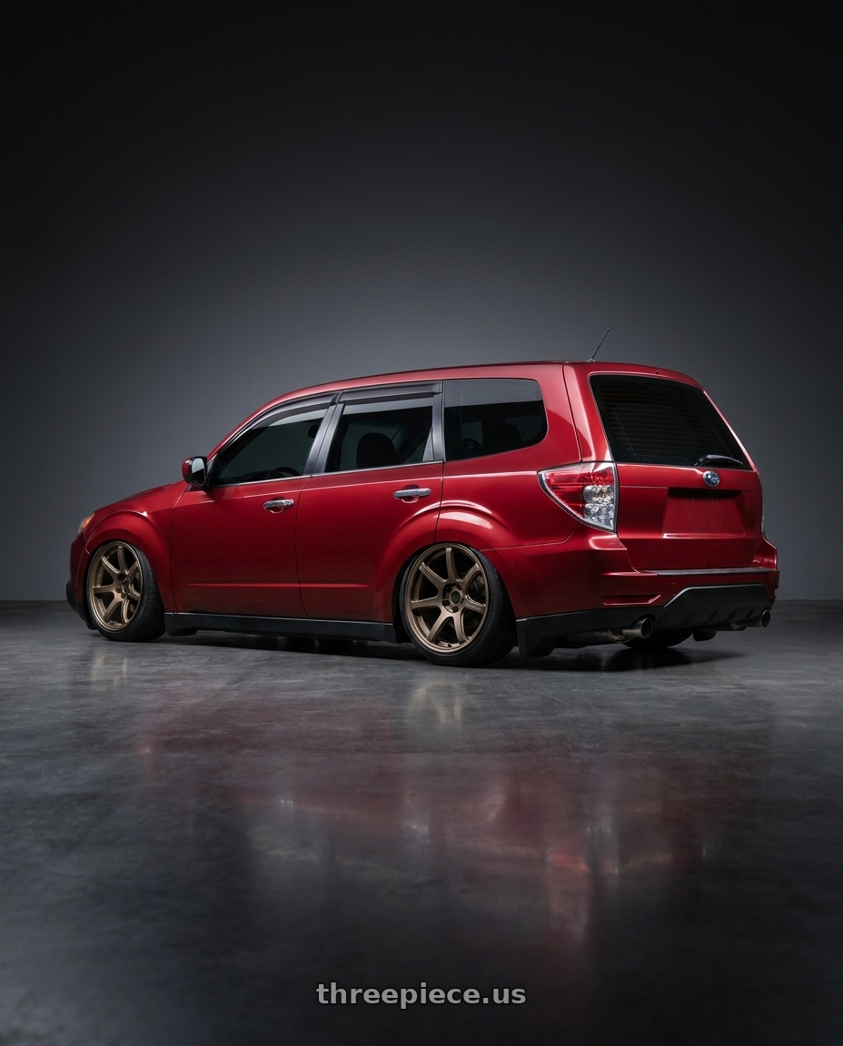 2009 subaru forester with Work T7r 2P 5x100 18x10.0 +38 Matte Bronze wheels rear three quarter view slight stretch tires
