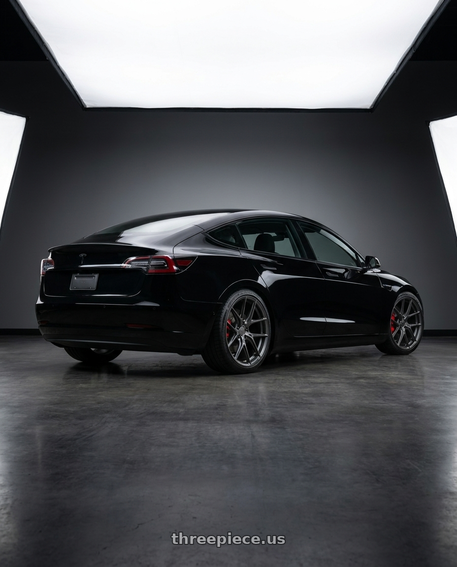 2019 tesla model 3 performance black with Vossen HF-5 20x9 / 5x114.3 / +32 / Flat Face / 73.1 - Matte Gunmetal Wheel - HF5-0N02 wheels rear three quarter view square tires
