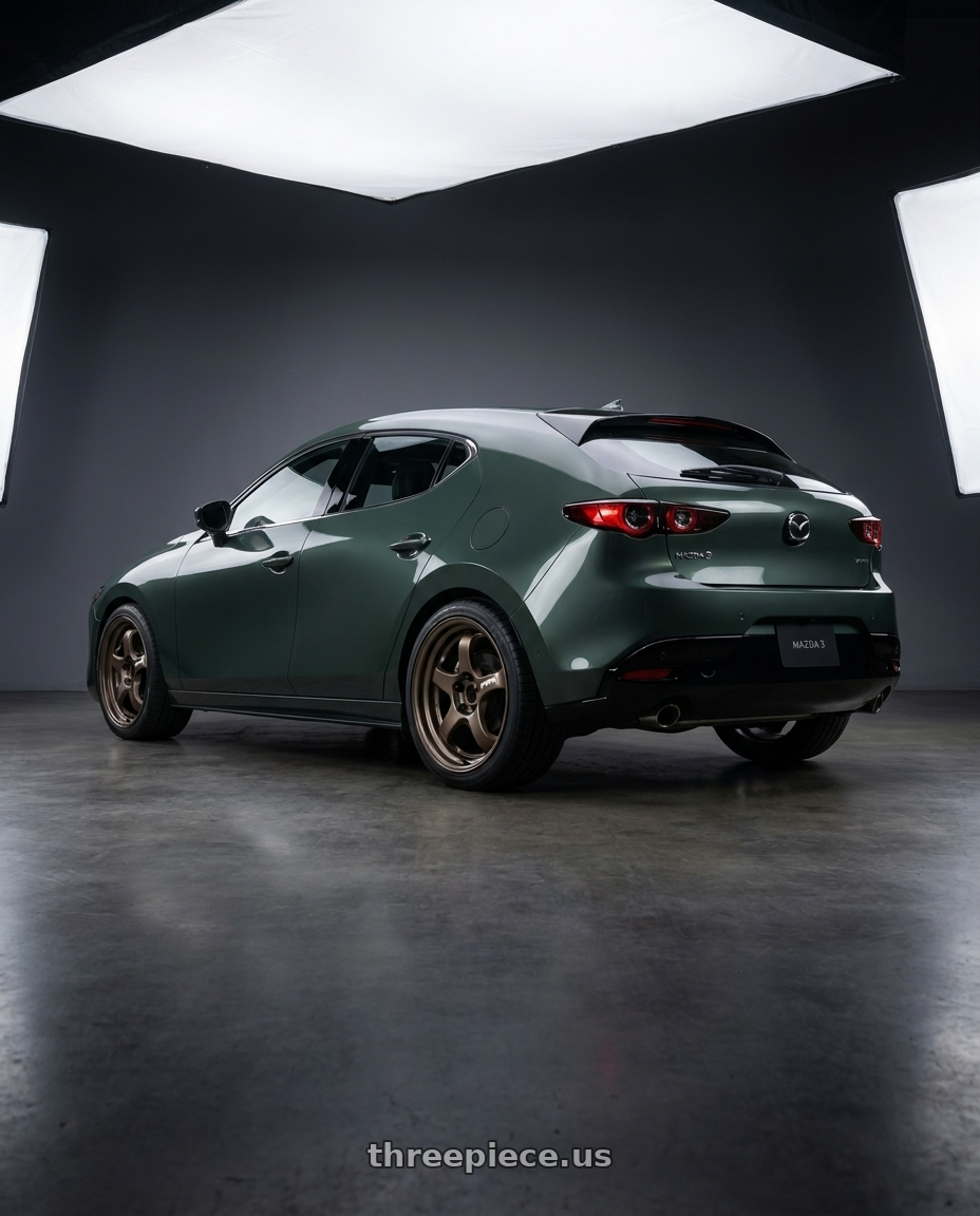 2026 Mazda 3 with Work Meister S1R 5x114.3 18x8.5+38 O Disk Ashdot Titanium wheels rear three quarter view square tires