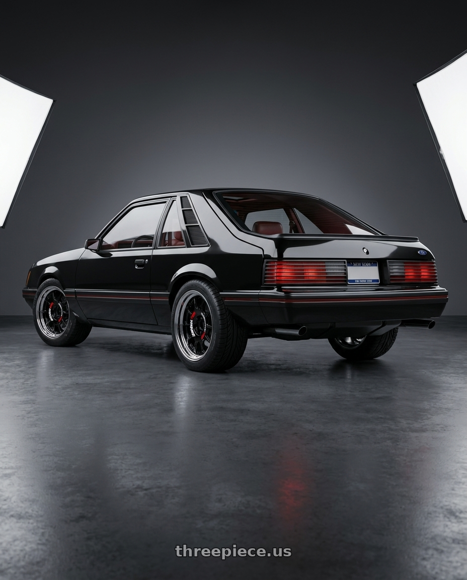 1984 Ford Mustang with Work Emotion Rs11 2p 5x114.3 17x10 22 black wheels rear three quarter view square tires