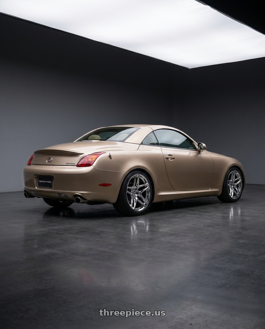 2003 Lexus SC430 Egyptian Sand with Heritage Wheel EBISU MonoC 5x114.3 18x9.5+38 Chrome wheels rear three quarter view square tires