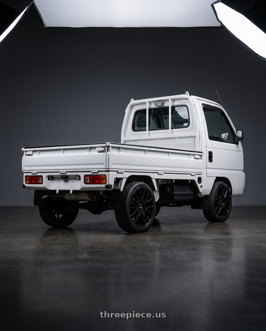 1996 Honda Acty with Vision Street-Designs 18 Hellion 4x100 14x5.5+38 Gloss Black wheels rear three quarter view square tires